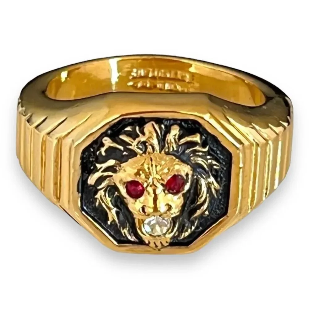 Vintage 1970s Ring Size 12 Clark Coombs Lions Head Crystal Eyes Gold Plate - 14P
